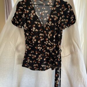 Sweet Wanderer Floral Wrap Blouse - Black and Orange